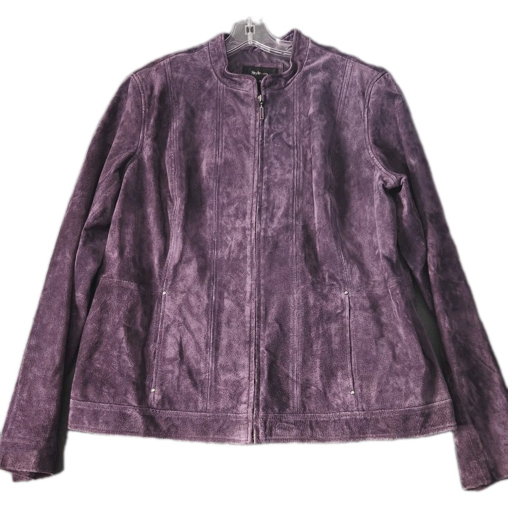 Style & Co Genuine Suede Leather Jacket Size XL Plum Wine Lined Full‎ Zip Up Y2K